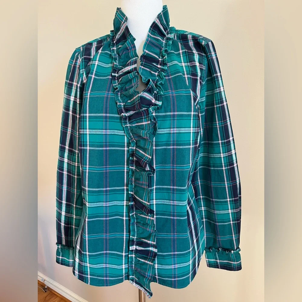 Crown & Ivy Green Plaid Ruffle Blouse Size Medium - Picture 1 of 10